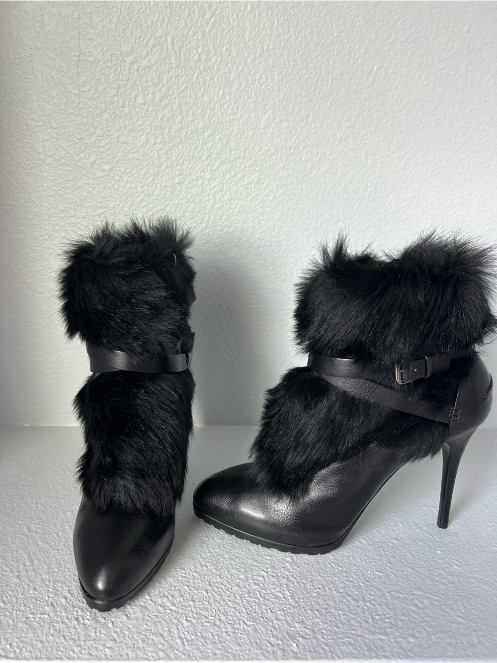 Ralph Lauren Collection Black Faux Fur Stiletto Ankle Boots